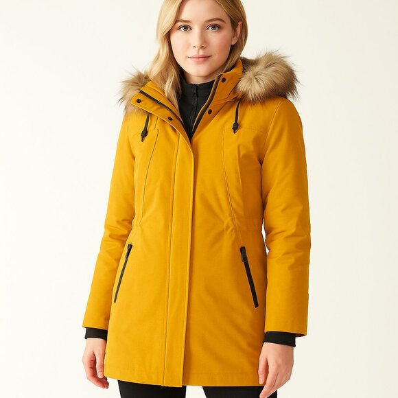 Nine West XL Yellow Sherpa Lined Quilted Heavy Warm Fur Collar Down Coat Jacket - Picture 1 of 9
